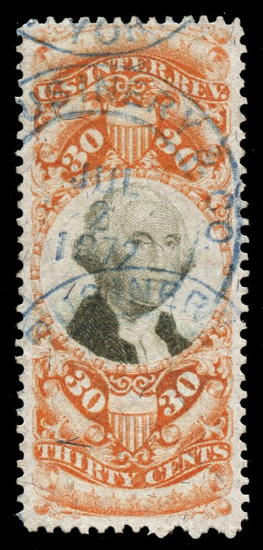 B519 U.S. Revenue Scott R140 3rd issue 30c orange & black, 3 large margins