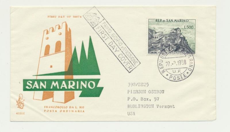 SAN MARINO SCARCE 1958, 500L PANORAMIC VIEW ISSUE ON FIRST DAY COVER (SEE BELOW) 