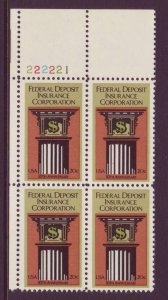 1984 FDIC Plate Block of 4 20c Postage Stamps, Sc# 2071, MNH, OG