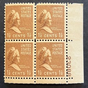 Scott#: 805 - Martha Washington 1½¢ 1938 Plate Block of Four MNHOG - Lot 19 BA