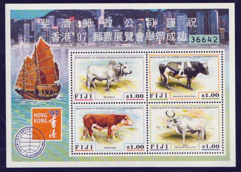 1997 Fiji Sc #786 - $1 s/s - Cattle Cow Types, Hong Kong Phila Expo. MNH Cv$8.50