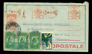 BRAZIL 1933 AIRMAIL multifranked AEROPOSTALE cvr to UK 11200r inc meter stamps