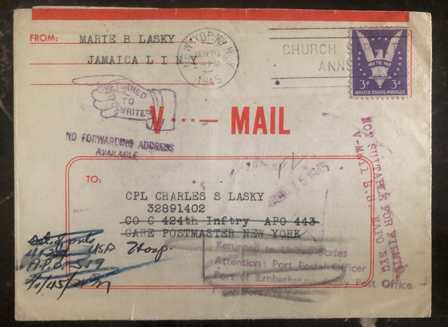 1945 New York Usa V Mail Letter Returned Cover Victory Stamp / HipStamp