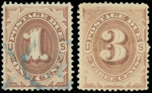 US Scott #J1 (Used wBlue Cancel) & #J3 Mint-VF-LH Postage Due, SCV $114.00! (SK)