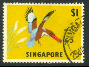 SINGAPORE 1967 $1.00 Kingfisher Bird Issue Wmk. SIDEWAYS  Scott No. 67a VFU