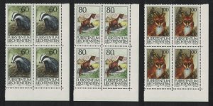 Liechtenstein Fox Badger Marten Wild animals 3v Corner Blocks of 4 1993 MNH