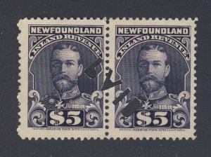 2x Newfoundland George V Revenue Stamps;  Pair #NFR21-$5.00 Guide Value=$150.00