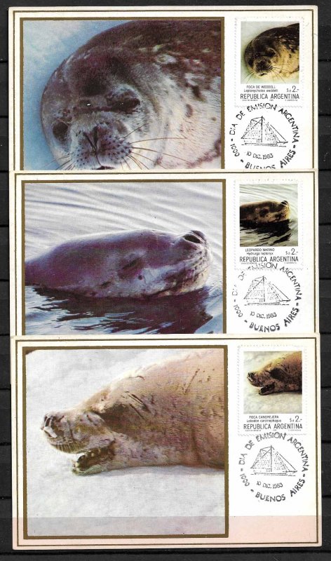 ARGENTINA STAMPS, 1983, 3  MAXI CARDS MC MAXIMUM CARDS ANTARCTIC SEAS SEAL