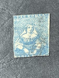 VICTORIA # 3-USED---BLUE----***THIN & TRIMMED/FLAWS***---1850