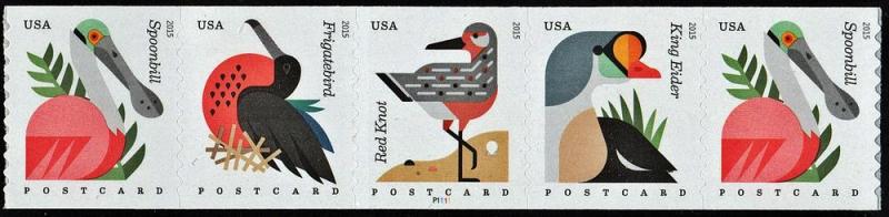 SC#4995-98 (35¢) Coastal Birds Plate Strip of 5 (2015) MNH 