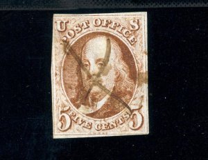 USAstamps Used FVF US 1847 Franklin 1st Stamp Scott 1 X Pen Cancel