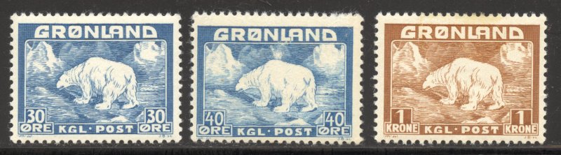 Greenland Scott 7-9 Unused HOG - 1938-46 Polar Bears H/Vs of Set - SCV $27.00