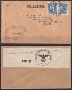 China 1939 WW2 Fine censored 'On Service' cover uprated pair SYS 25s to UK, 'S