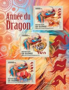 Guinea - 2012 Year of the Dragon - 3 Stamp Sheet - 7B-1840