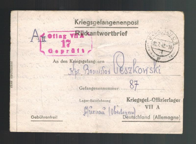 1942 Poland to Oflag 7 A Murnau Germany POW Camp Letter Cover Prisoner of War