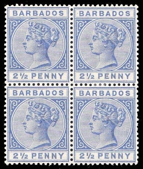 Barbados 1882 QV 2½d deep blue hinged only on two copies MLH/MNH. SG 94.