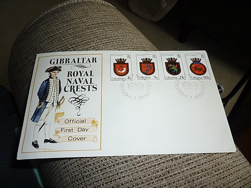 GIBRALTAR #474-477 1985 ROYAL NAVY CRESTS FDC - CACHET