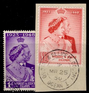 GILBERT & ELLICE ISLANDS GVI SG57-58, 1949 ROYAL SILVER WEDDING, VFU. Cat £26.