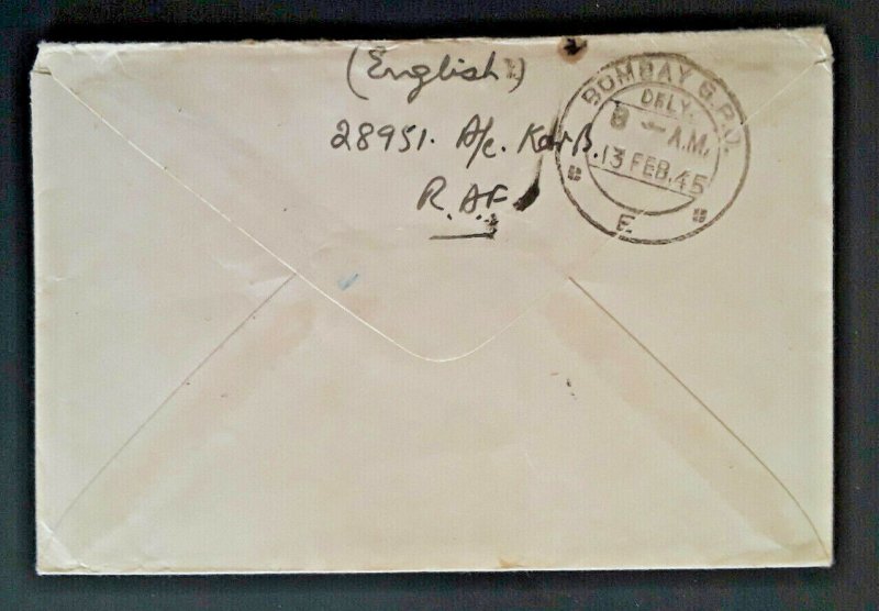 1945 RAF Post 5 Calcutta India To Bombay India Solders Free Mail Censored Cover