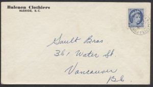 1955 RPO Postmark on McBride BC Clothiers Cover Jasper & Prince George/ RPO