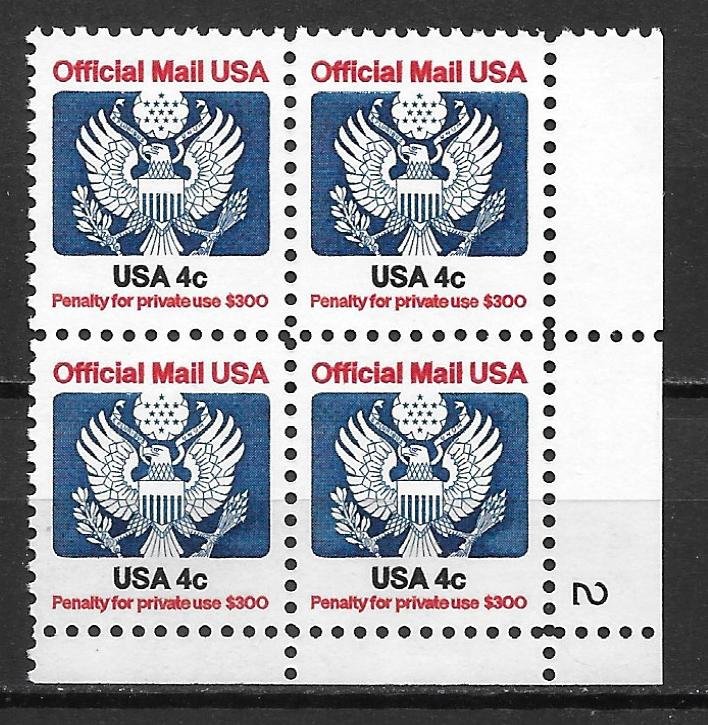 United States O128 4c Official Plate Block MNH (z8)