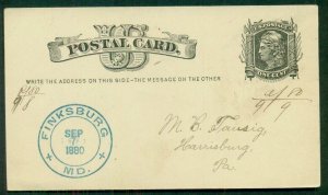 1880, FINKSBURG, MD bold blue cancel on 1¢ card, VF