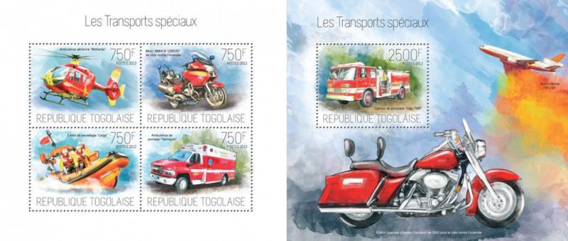 Special Transport Motor Vehicles Cars Motorcycles Helicopters Togo MNH stamp set