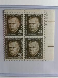 SCOTT # 1289  20 CENT GEN. GEORGE C. MARSHALL MINT NEVER HINGED PLATE BLOCK  GEM