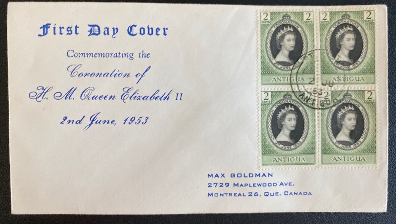 1953 Antigua First Day Cover Queen Elizabeth 2 coronation QE2 Stamp Block