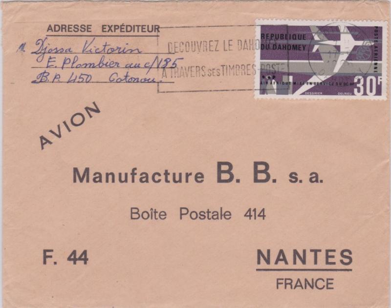 Dahomey 30F Air Afrique 1966 Cotonou, Dahomey Airmail to Nantes, France. EURO...