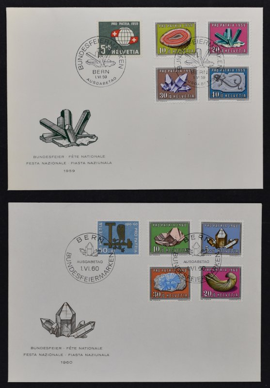 SWITZERLAND, PRO PATRIA, FDCS MINERALS CRISTALS 1959 and 1960 PERFECT CONDITION