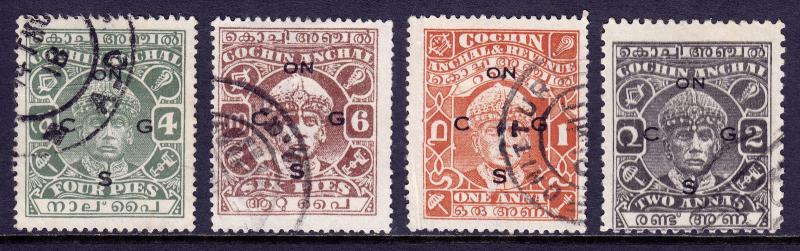 INDIA (COCHIN) — SG O54//O56b  — 1942-43 UNISSUED OVPT TYPE O10 — USED — SCV £32