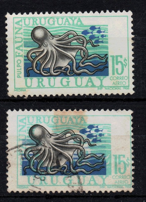 octopus marine life fauna stamp with error color displacement 1968 used Uruguay