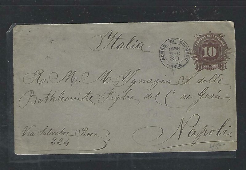 ECUADOR  COVER (P2709B) 1898 10C  PSE IBARRA TO ITALY,  B/S