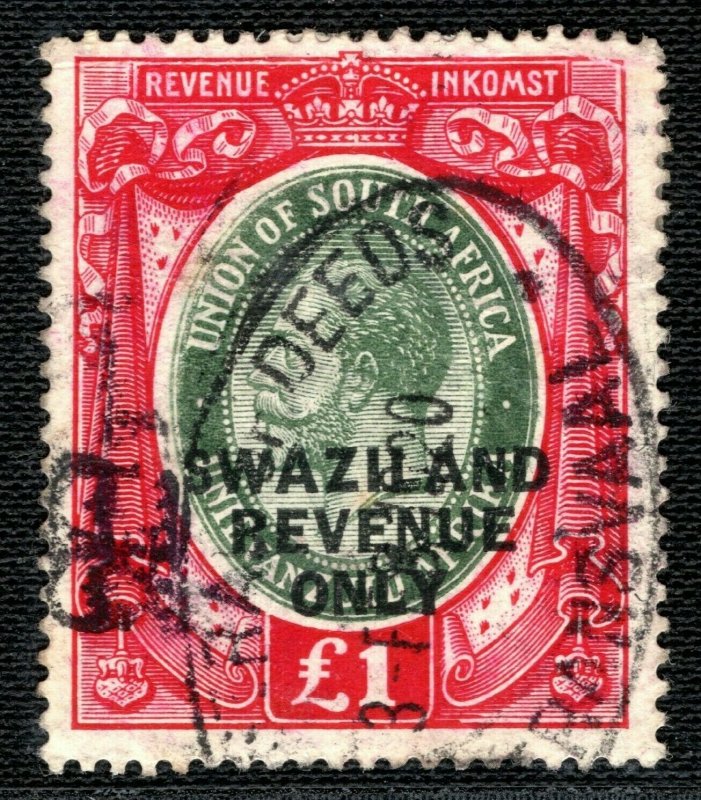 SWAZILAND KGV Revenue Stamp Overprint £1 High Value (1922) Used Bft.85 2WHITE45