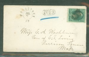 US  3c green, Woodstock, VT, July 7, docketed 1876 - opening issues (minor)  w/reduction at side. note Due 3, in a lozenge