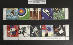 GB 2009. Olympic & Paralympic Games. Set of 10 used stamps in 2 strips of 5.