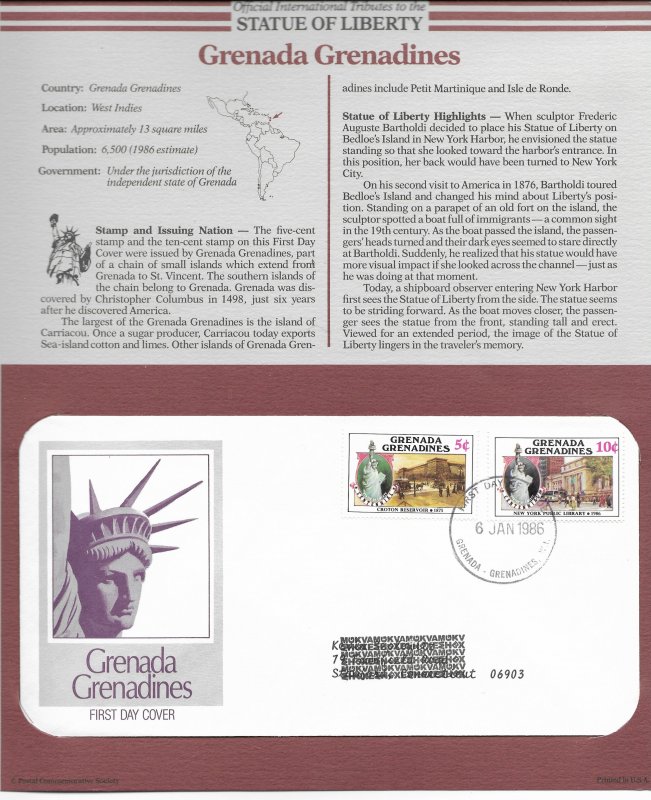 Statue of Liberty Grenada Grenadines #727-728. 1986  FDC with write up.