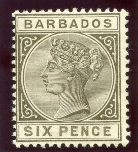 Barbados 1886 QV 6d olive-black MLH. SG 100. Sc 66.