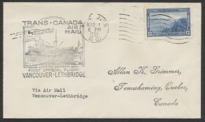 1939 Vancouver to Lethbridge Flight Cover MAR 1 #242 13c Halifax #3903ak