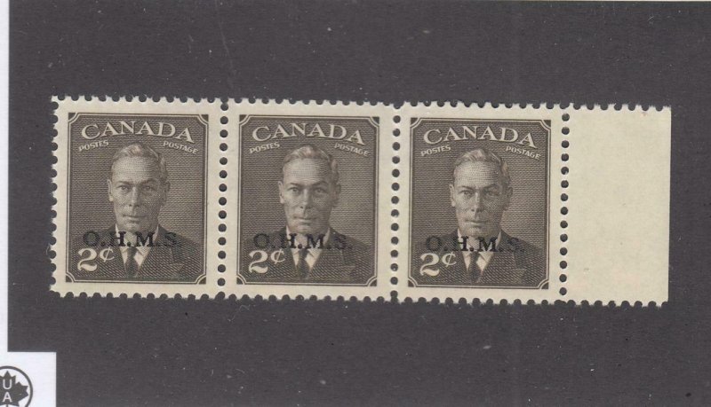 CANADA # O13-O14 VF-MNH STRIPS OF 3 OHMS DOT MISSING AFTER M ON 3cts ???