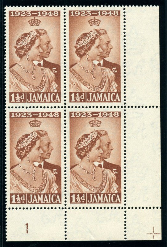 Jamaica 1948 KGVI Silver Wedding 1½d red-brown PLATE 1 block superb MNH. SG 143.