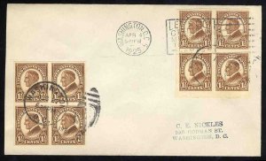 United States First Day Covers #576, 1925 1 1/2 Harding, two blocks of four, ...