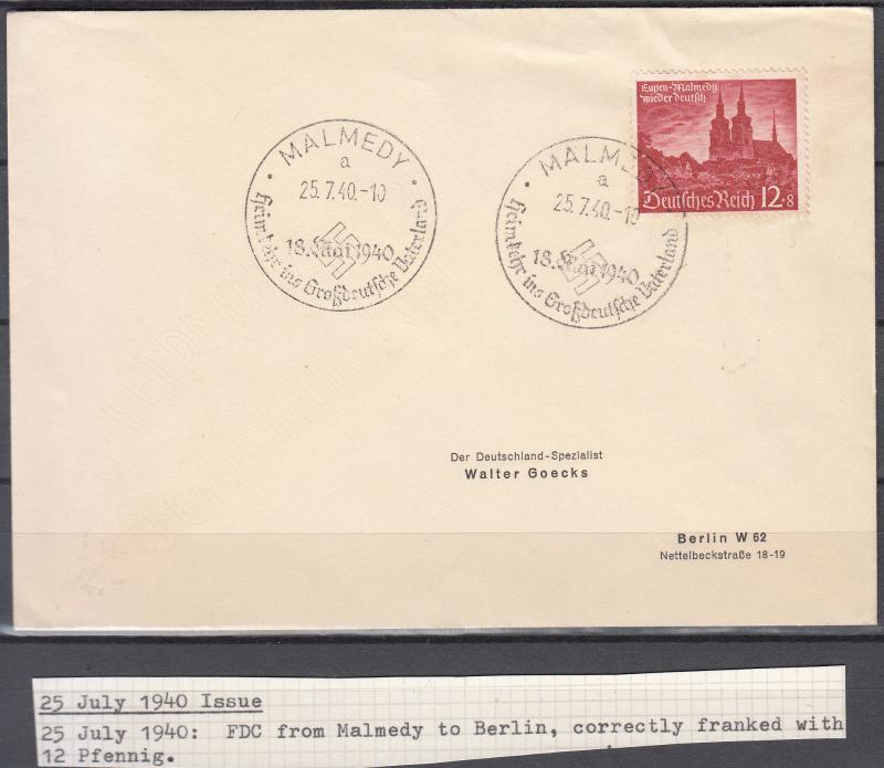 Germany - 25.7.1940 12pf+8 Reunion FDC w/special cancel on cover (5102)