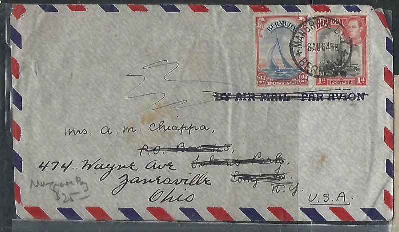 BERMUDA COVER (P0210B)   1946  KGVI 1D + 2 D BOATS A/M COVER TO USA MANGROVE BAY