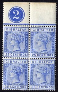 Gibraltar SG26 25c Ultramarine M/M Plate Block Cat 104+++ pounds