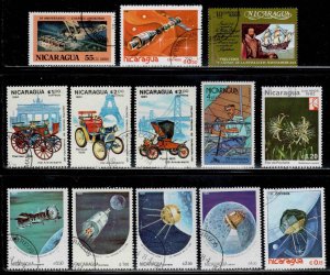 Nicaraqua ~ Group of 13 Different Stamps ~ Space, Cars, Flight ~ CTO, MX