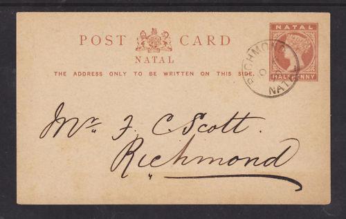 Natal H&G 1a used 1890 ½p QV Postal Card, local use VF