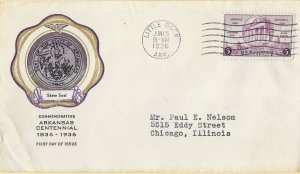 1936 FDC, #782, 3c Arkansas 100th, Rice