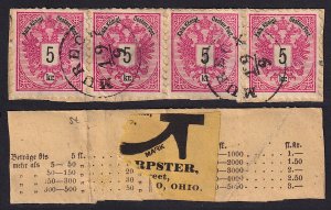 Austria - 1883 - Scott #43 - strip of 4 used on piece - MURECK pmk